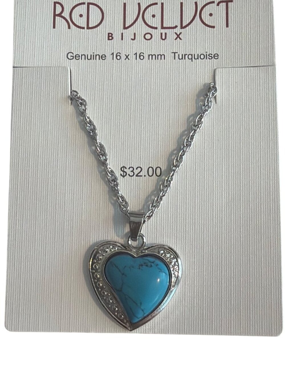 Red Velvet Bijoux Genuine Turquoise Pendant Necklace Silver Tone Heart Adj NEW